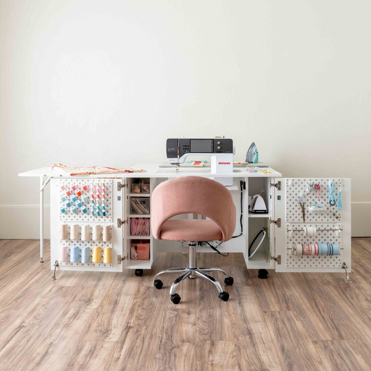 Create Room DreamStation Deluxe Sewing Cabinet with Electric Lift, Folding Craft Storage Table, Pegboard Doors, Drawers & Rolling Organizer for Quilting, Scrapbooking & Home Organization