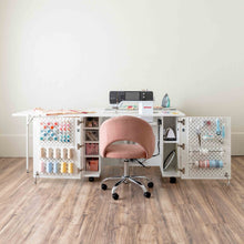 Load image into Gallery viewer, Create Room DreamStation Deluxe Sewing Cabinet with Electric Lift, Folding Craft Storage Table, Pegboard Doors, Drawers & Rolling Organizer for Quilting, Scrapbooking & Home Organization