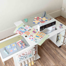 Load image into Gallery viewer, Create Room DreamStation Deluxe Sewing Cabinet with Electric Lift, Folding Craft Storage Table, Pegboard Doors, Drawers & Rolling Organizer for Quilting, Scrapbooking & Home Organization