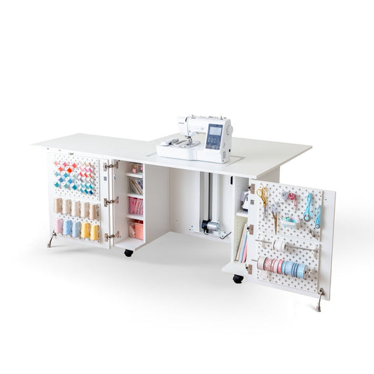 Create Room DreamStation Deluxe Sewing Cabinet with Electric Lift, Folding Craft Storage Table, Pegboard Doors, Drawers & Rolling Organizer for Quilting, Scrapbooking & Home Organization
