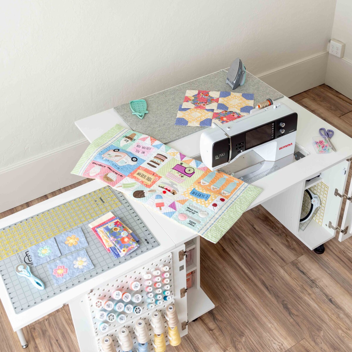 Create Room DreamStation Deluxe Sewing Cabinet with Electric Lift, Folding Craft Storage Table, Pegboard Doors, Drawers & Rolling Organizer for Quilting, Scrapbooking & Home Organization