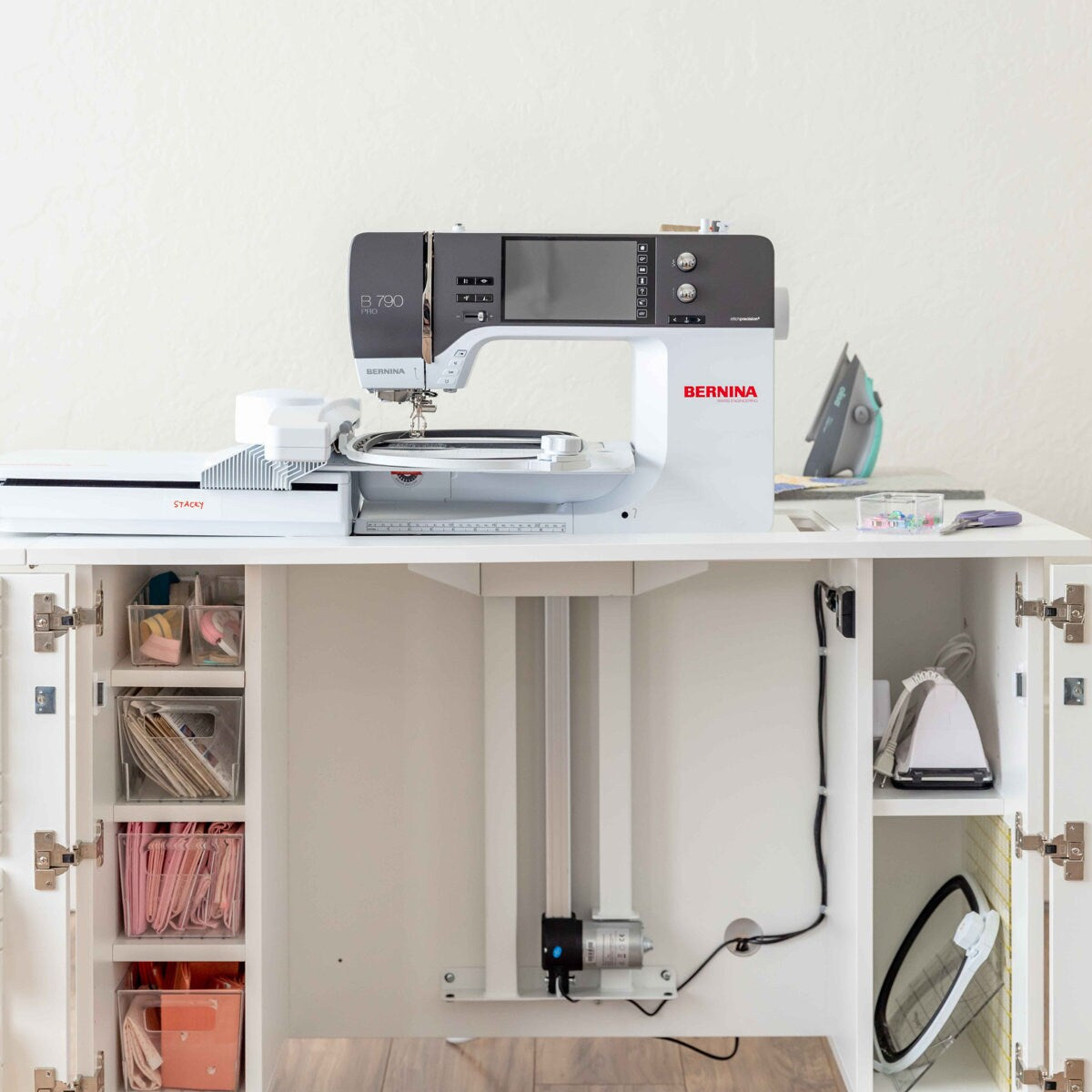 Create Room DreamStation Deluxe Sewing Cabinet with Electric Lift, Folding Craft Storage Table, Pegboard Doors, Drawers & Rolling Organizer for Quilting, Scrapbooking & Home Organization