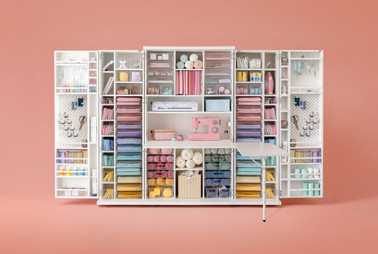 Create Room DreamBox XL Sewing Bundle – Extra-Large Craft Storage Cabinet & Workstation with 120 InView™ Totes, Adjustable Shelving & Spacious Sewing Table