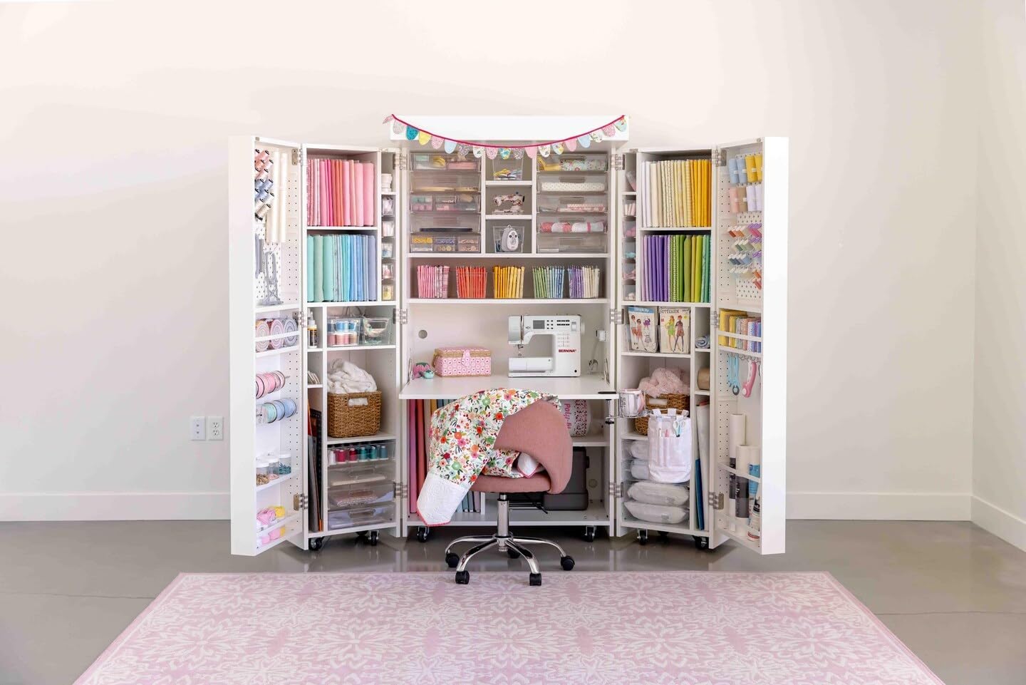 DreamBox Center Deluxe Pre-Built Craft Storage Cabinet – Modular Sewing & Craft Organizer with Pegboards, InView Totes & LED Light