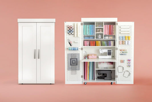 DreamBox Center Deluxe Pre-Built Craft Storage Cabinet – Modular Sewing & Craft Organizer with Pegboards, InView Totes & LED Light