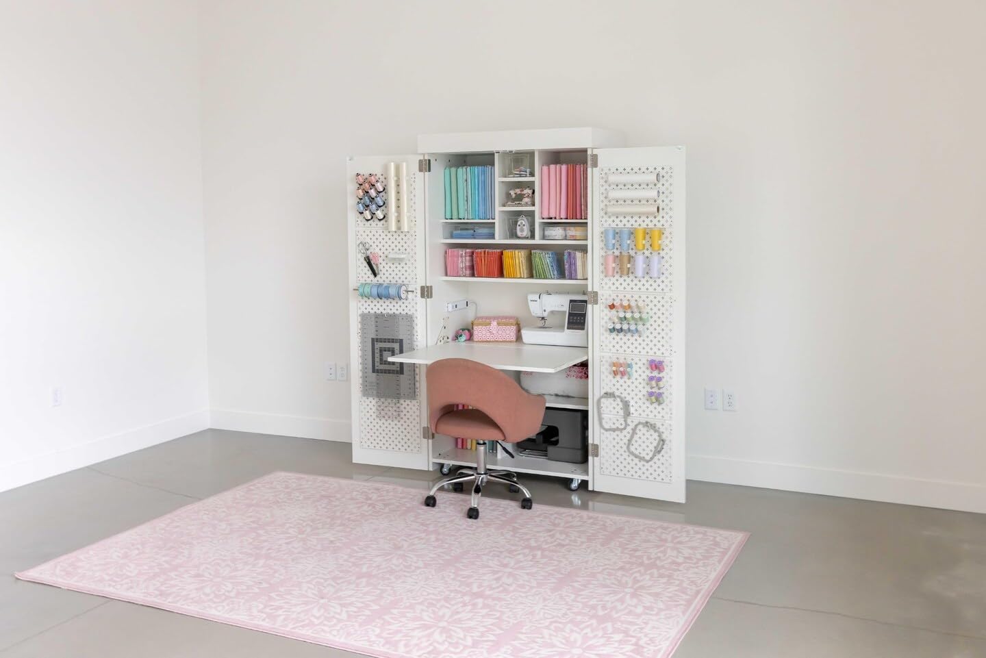 DreamBox Center Deluxe Pre-Built Craft Storage Cabinet – Modular Sewing & Craft Organizer with Pegboards, InView Totes & LED Light