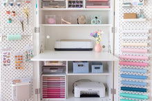 Load image into Gallery viewer, DreamBox Center Deluxe Pre-Built Craft Storage Cabinet – Modular Sewing &amp; Craft Organizer with Pegboards, InView Totes &amp; LED Light
