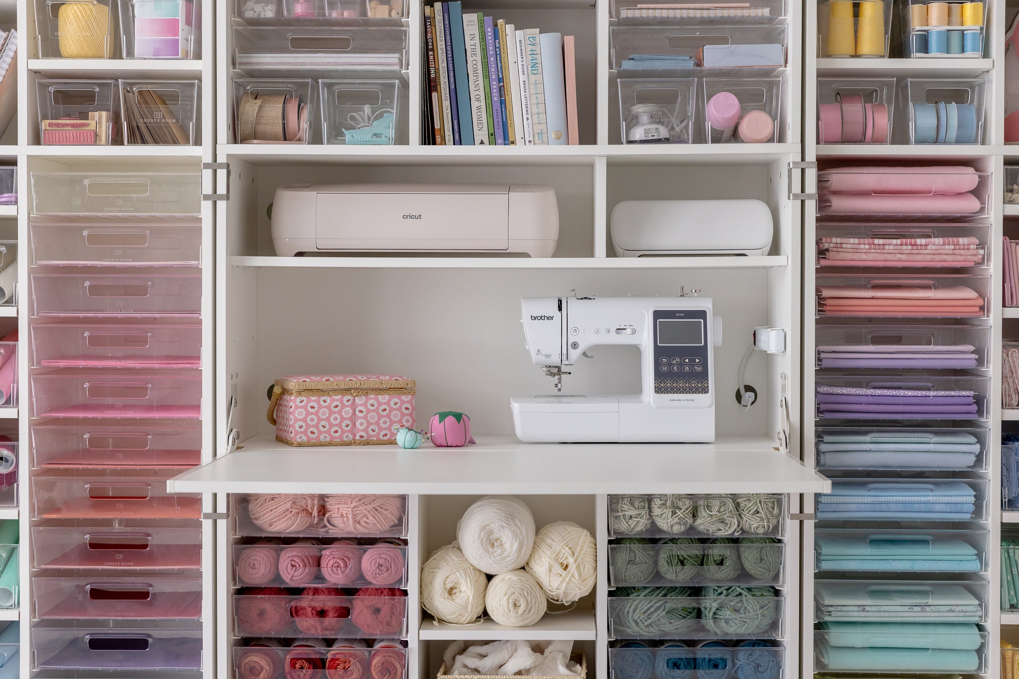 Create Room DreamBox XL Sewing Bundle – Extra-Large Craft Storage Cabinet & Workstation with 120 InView™ Totes, Adjustable Shelving & Spacious Sewing Table