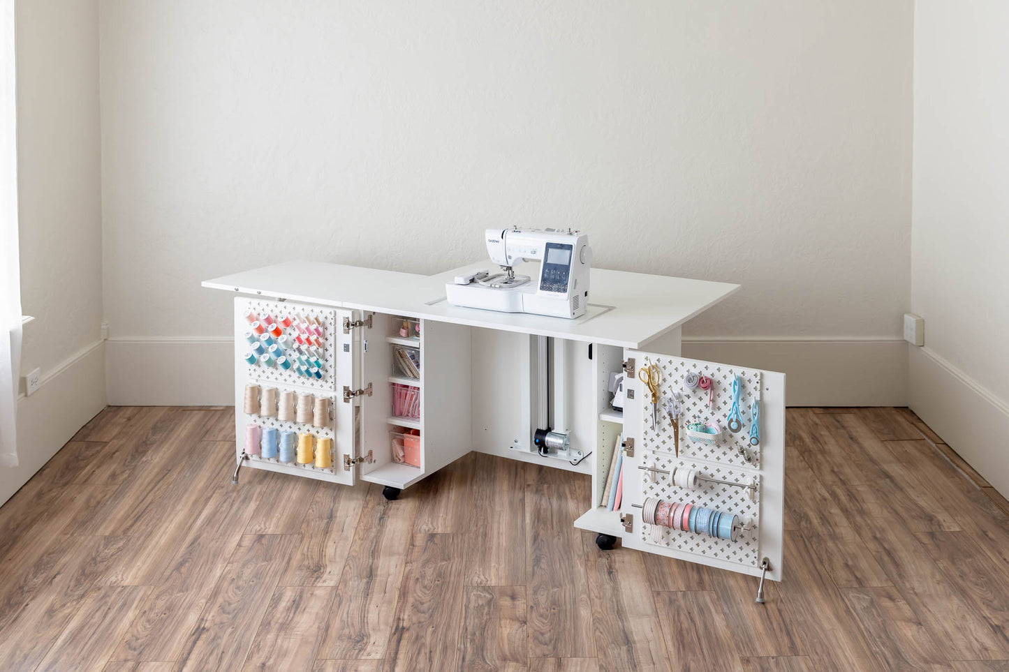 Create Room DreamStation Deluxe Sewing Cabinet with Electric Lift, Expandable Work Surface & Pegboard Storage System