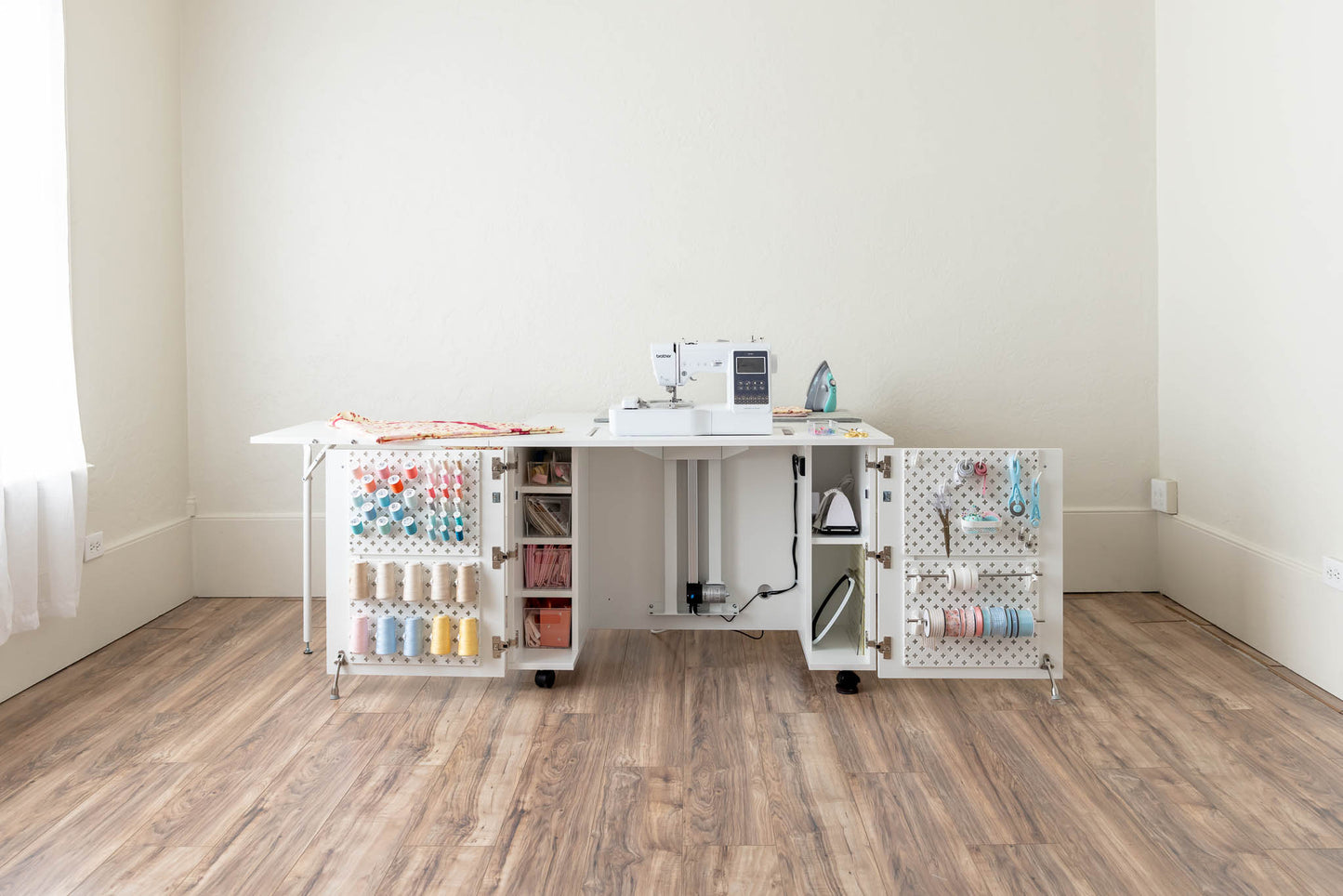 Create Room DreamStation Deluxe Sewing Cabinet with Electric Lift, Expandable Work Surface & Pegboard Storage System