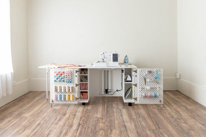 Create Room DreamStation Deluxe Sewing Cabinet with Electric Lift, Expandable Work Surface & Pegboard Storage System