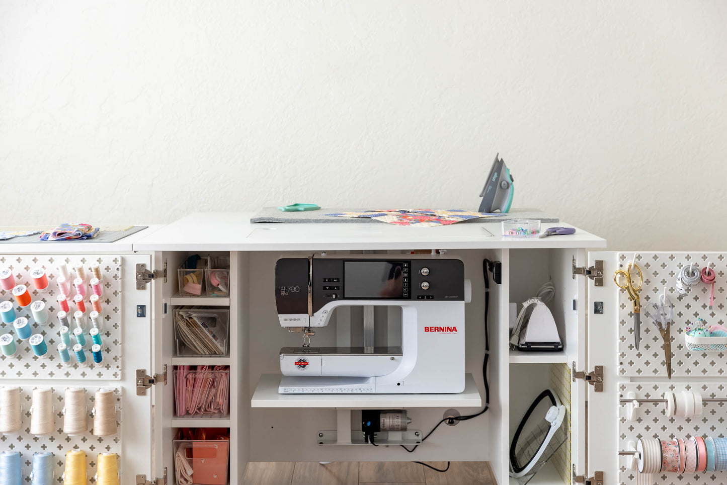 Create Room DreamStation Deluxe Sewing Cabinet with Electric Lift, Expandable Work Surface & Pegboard Storage System