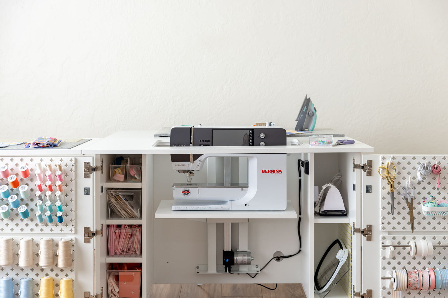 Create Room DreamStation Deluxe Sewing Cabinet with Electric Lift, Expandable Work Surface & Pegboard Storage System