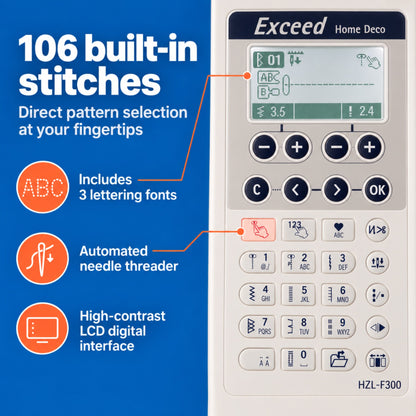 JUKI AMERICA HZL-F300 Exceed Series Sewing Machine with 106 Stitch Patterns and 3 Fonts