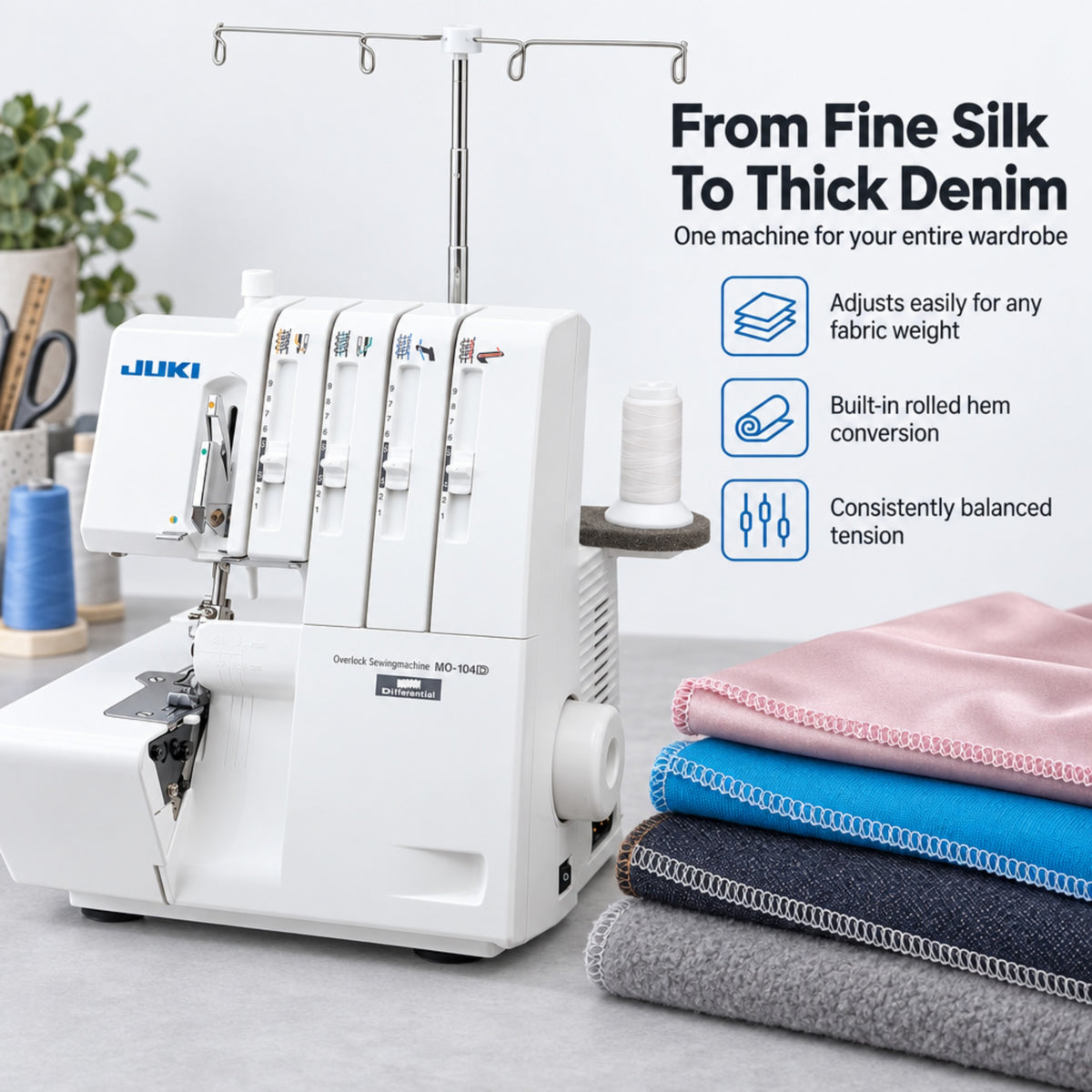 JUKI AMERICA MO-104D 2/3/4 Thread Overlock with Differential Feed and Rolled Hem