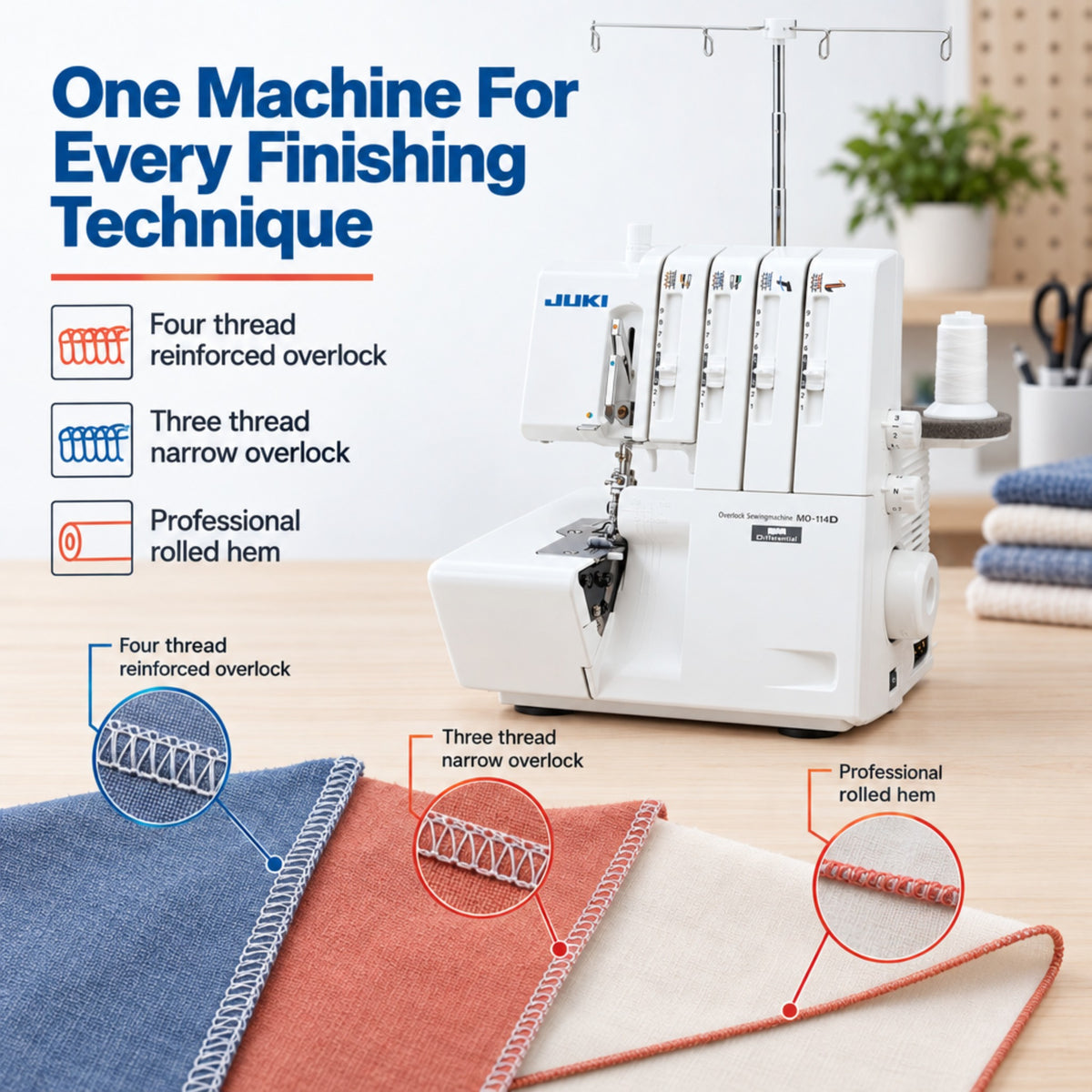 JUKI AMERICA MO-114D 2/3/4 Thread Overlock with Differential Feed and Rolled Hem